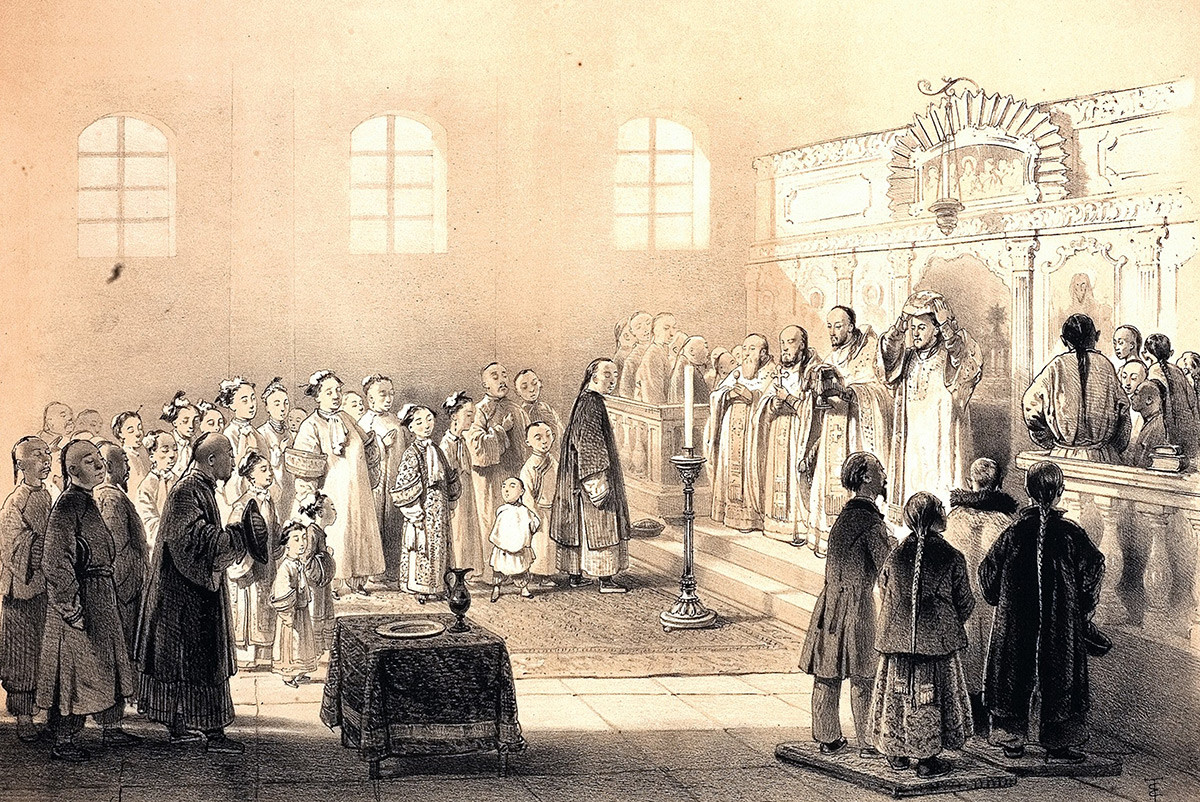 Потомки казаков-албазинцев на православной литургии в конце XIX века.