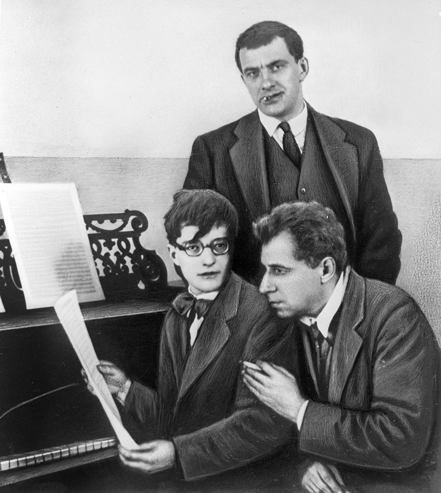 Dmitri Shostakovich, Vladimir Mayakovsky and Vsevolod Meyerhold in 1929.