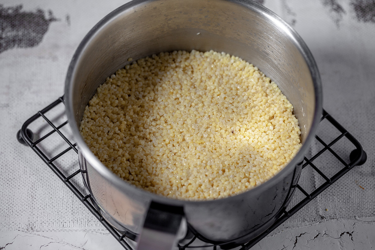 Sweet krupenik Russian millet dessert with pumpkin and citrus scent