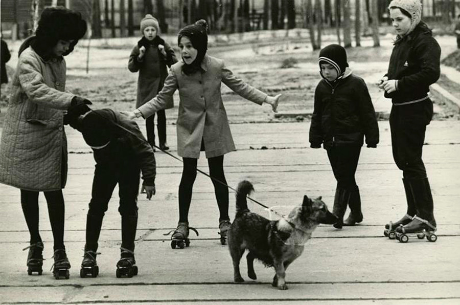 Crianças passeiam com cachorro.