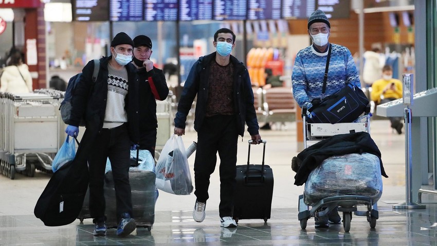 Migrants from former Soviet republics arriving to work in Moscow, Sheremetyevo Airport.