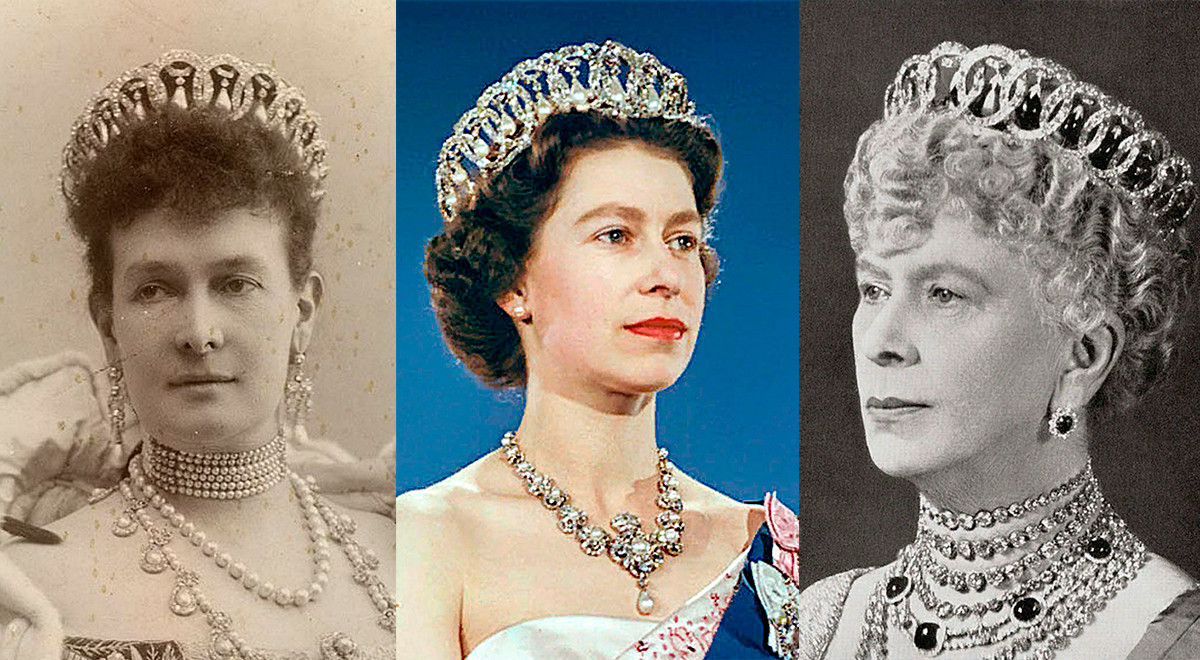 Maria Pavlovna avec la tiare (variante avec perles), Élisabeth II, et Mary de Teck (variante avec émeraudes)