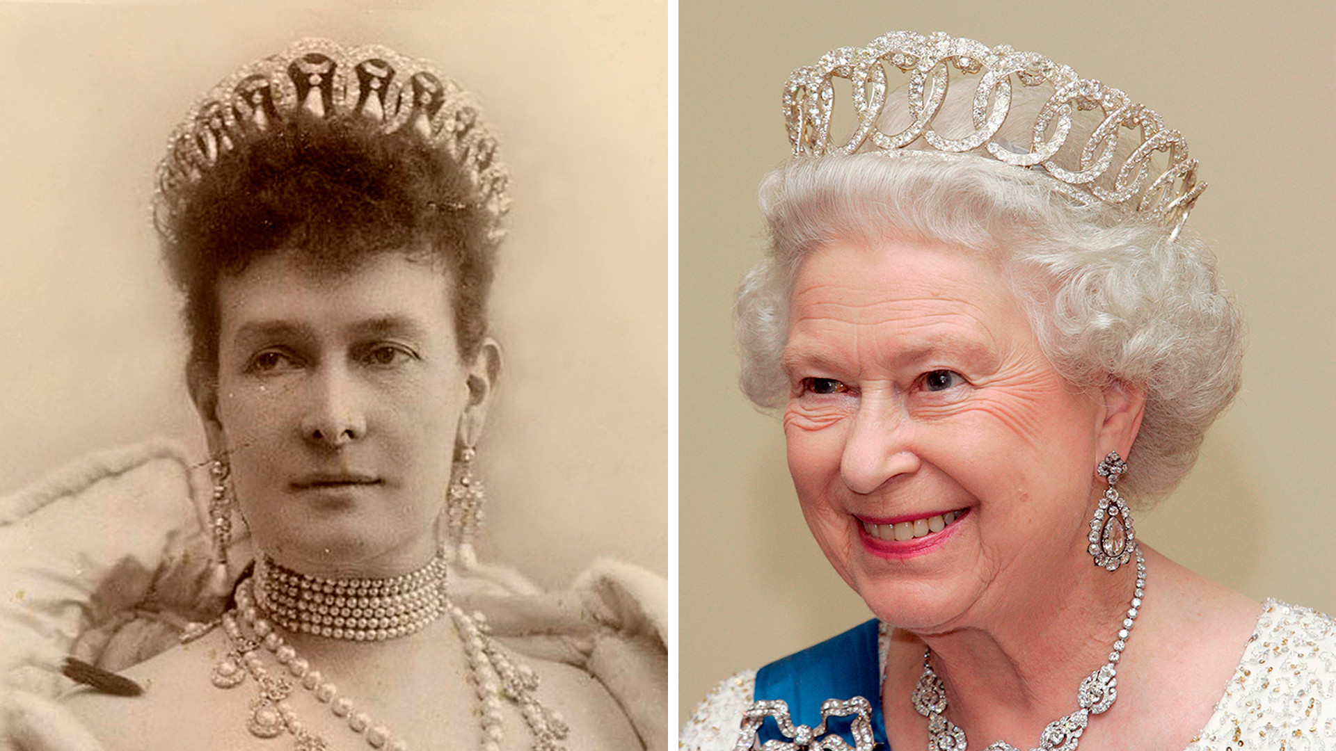 Maria Pavlovna and Elizabeth II wearing the Vladimir tiara.