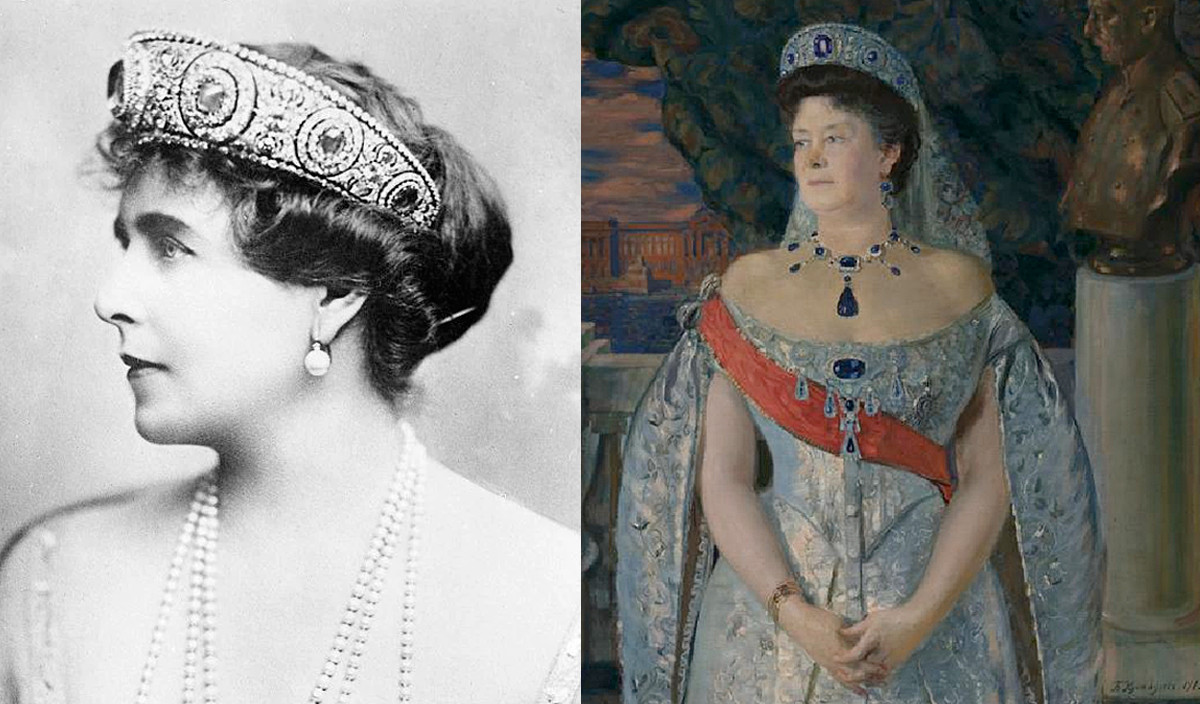 Queen Marie and Maria Pavlovna in sapphire tiara.