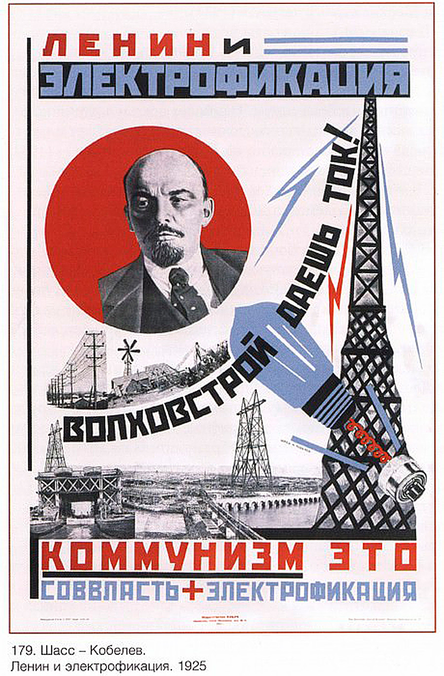 « Lénine et l’électrification. Volkhovstroï donne le courant. Le communisme c’est le pouvoir soviétique + électrification ».