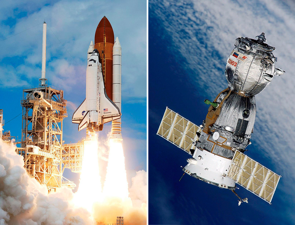 Совалката Discovery; вдясно: космически кораб 