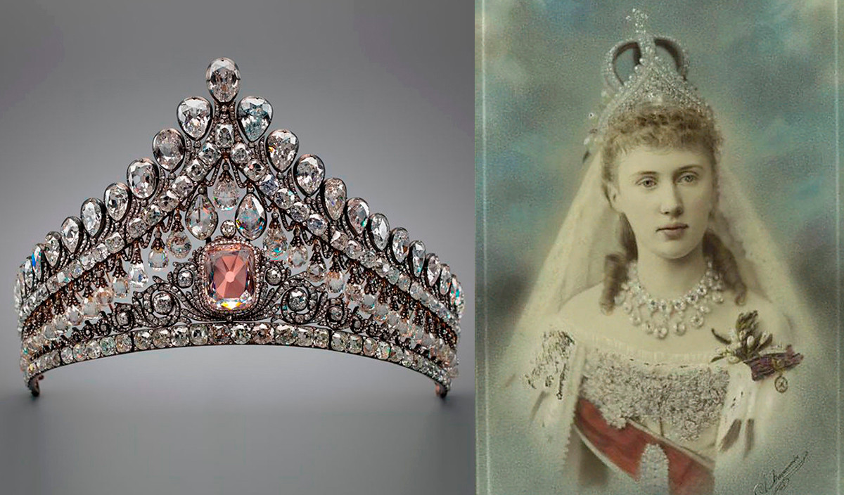 Grand Duchess Elizabeth Mavrikievna mengenakan mahkotanya pada pernikahannya, 1884.