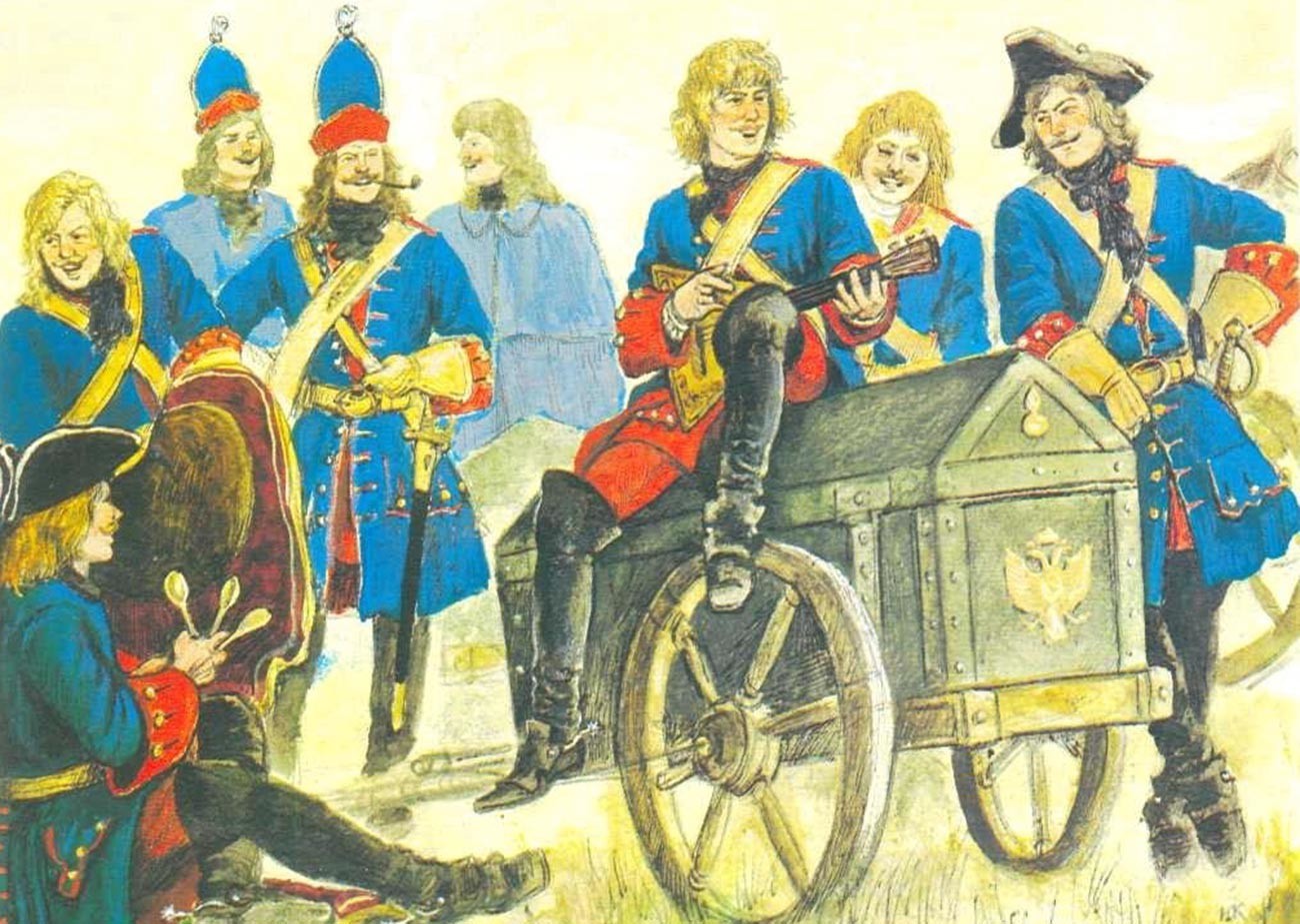 Pemain Balalaika. Ilustrasi dari buku Tentara Pyotr yang Agung.