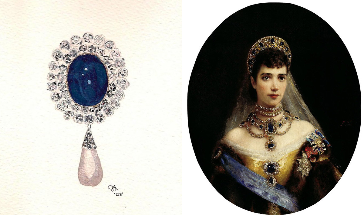 Sapphire Brooch and the Dowager Empress Marie Feodorovna of Russia. In this picture, the Russian Empress wears a sapphire kit that was sold separately after the revolution.  