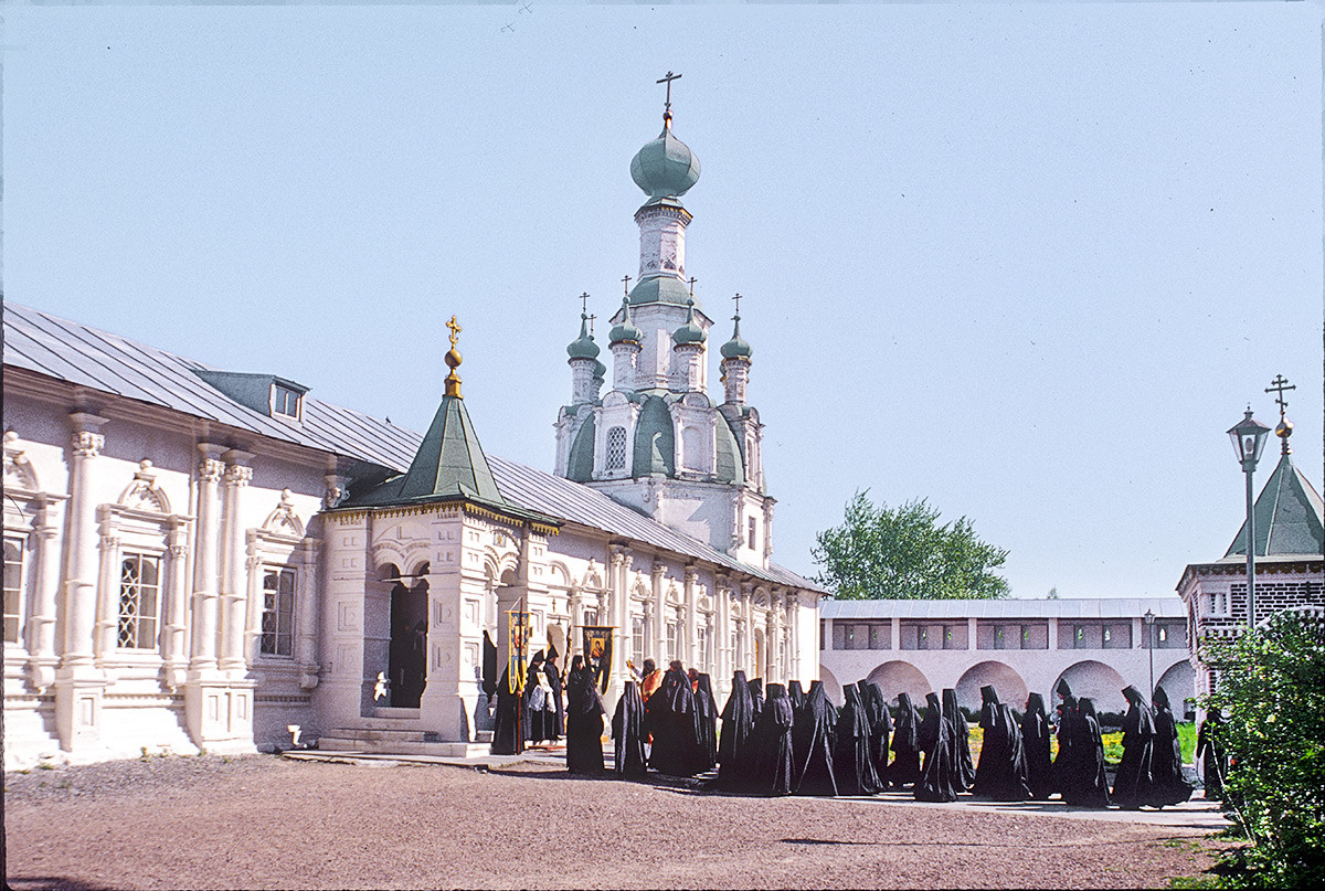 Church of the Miraculous Icon of the Savior. Southwest view with a procession of nuns. May 22, 1996
