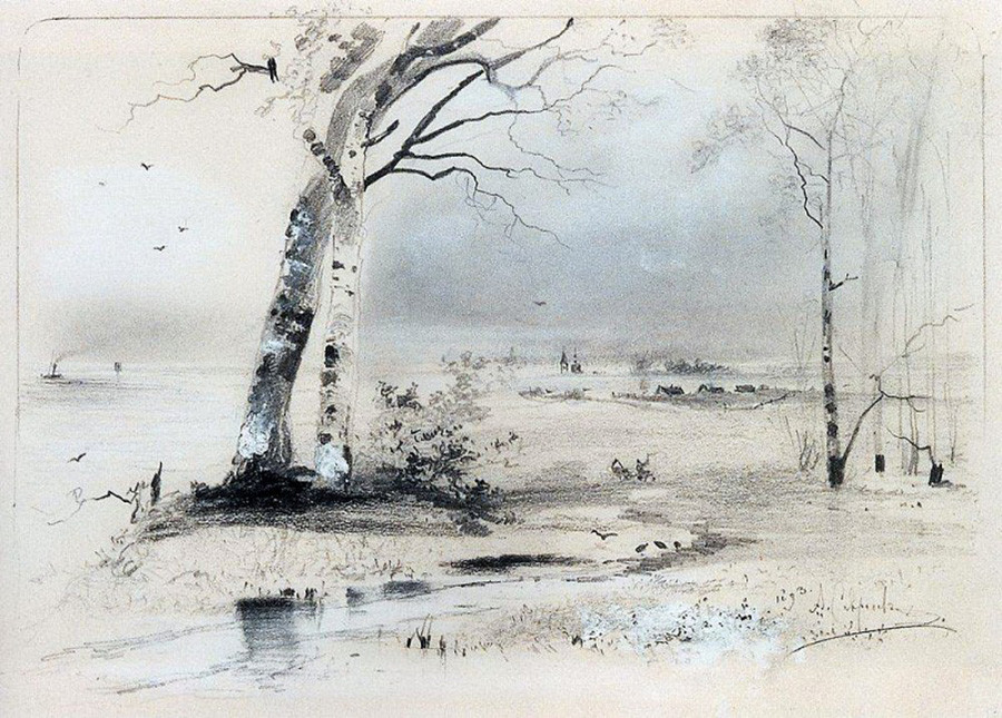 Lukisan karya Aleksei Savrasov berjudul 'Pohon Birch di Dekat Sungai, Awal Musim semi'.