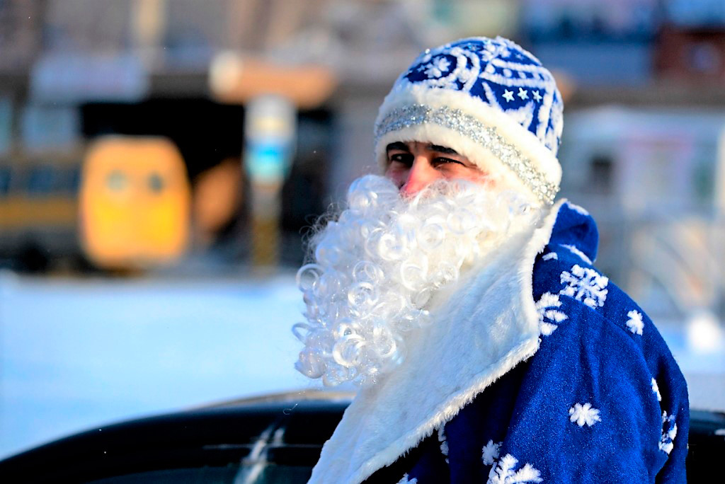 Murod in the costume of Grandfather Frost.