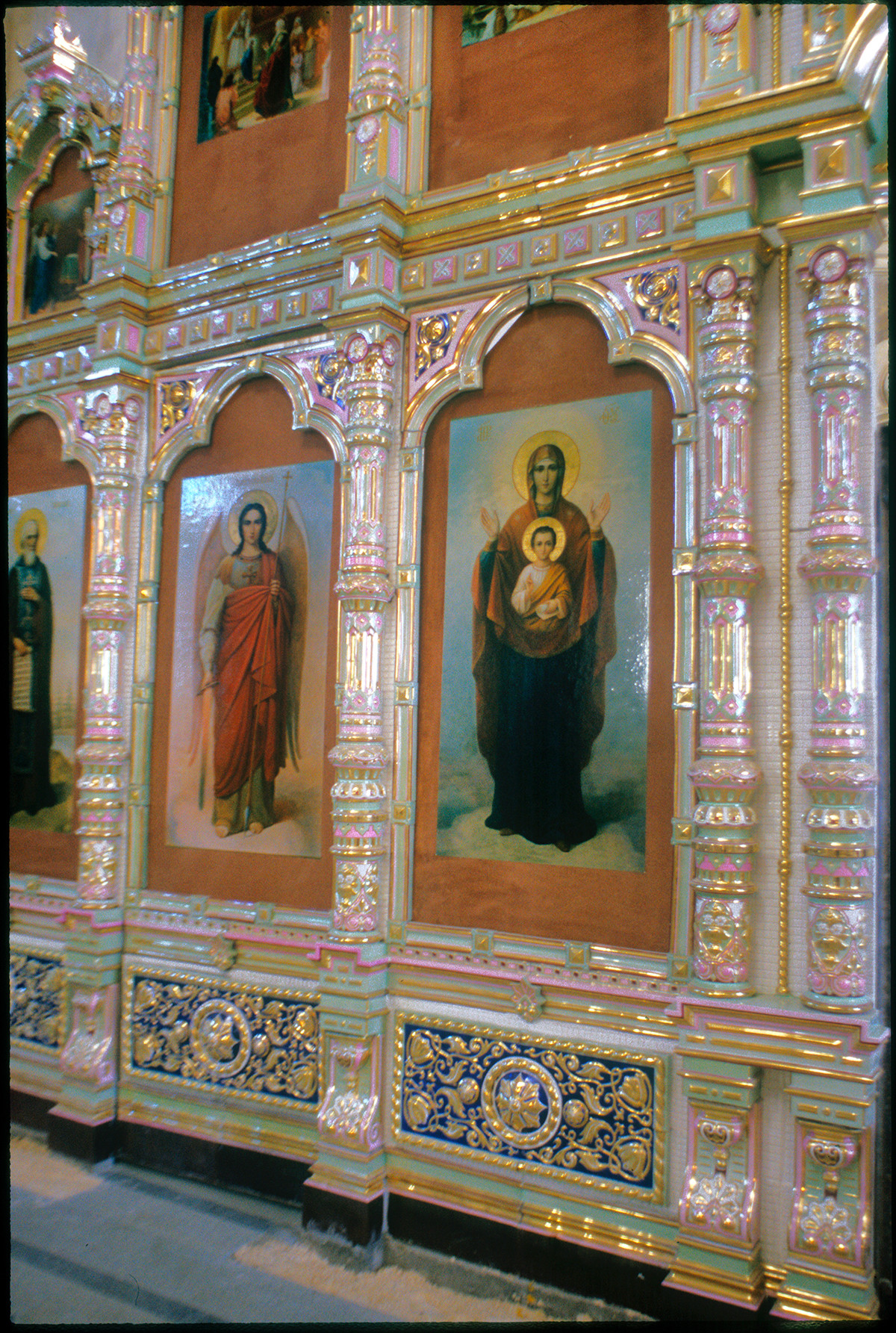 Cathedral of Elevation of the Cross. Rebuilt ceramic icon screen with temporary icon reproductions. August 27, 1999.