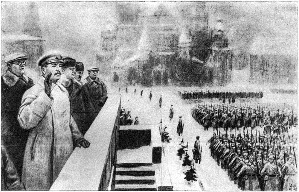 Ščerbakov (z leve) na tribuni mavzoleja med parado 7. novembra 1941