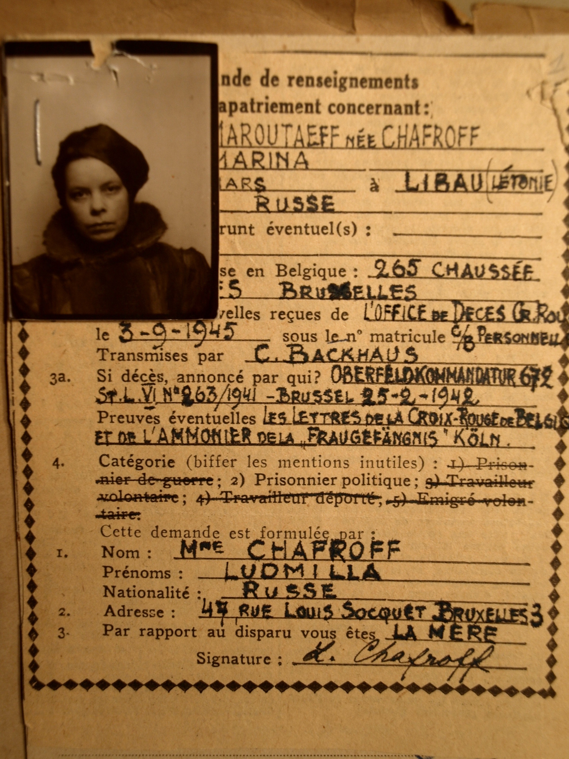 Carte de transfert de Chafrova, émise durant son transfert de la Belgique vers l'Allemagne