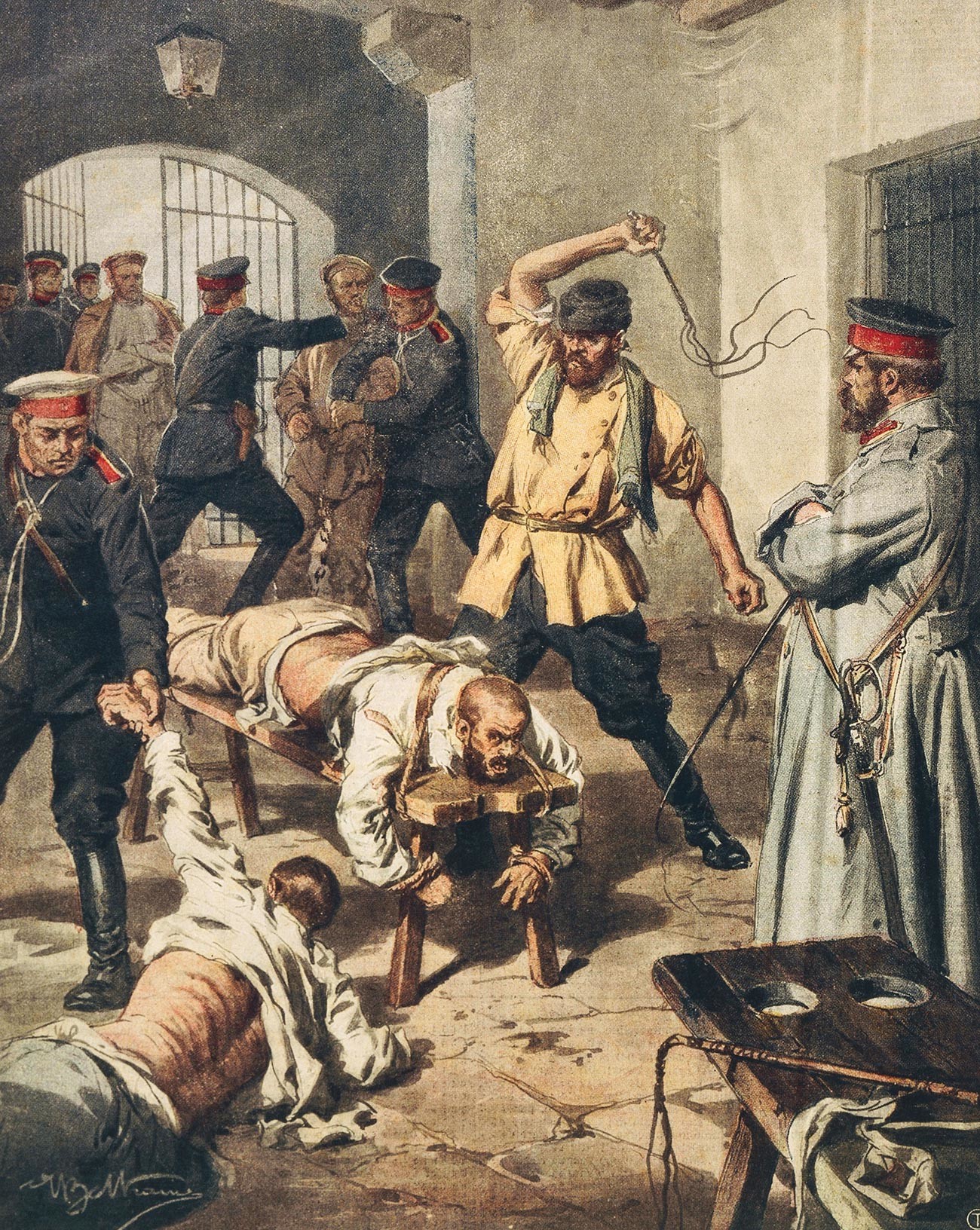 Whipping (from Achille Beltrame, La Domenica del Corriere. The horrors of Russian prisons)