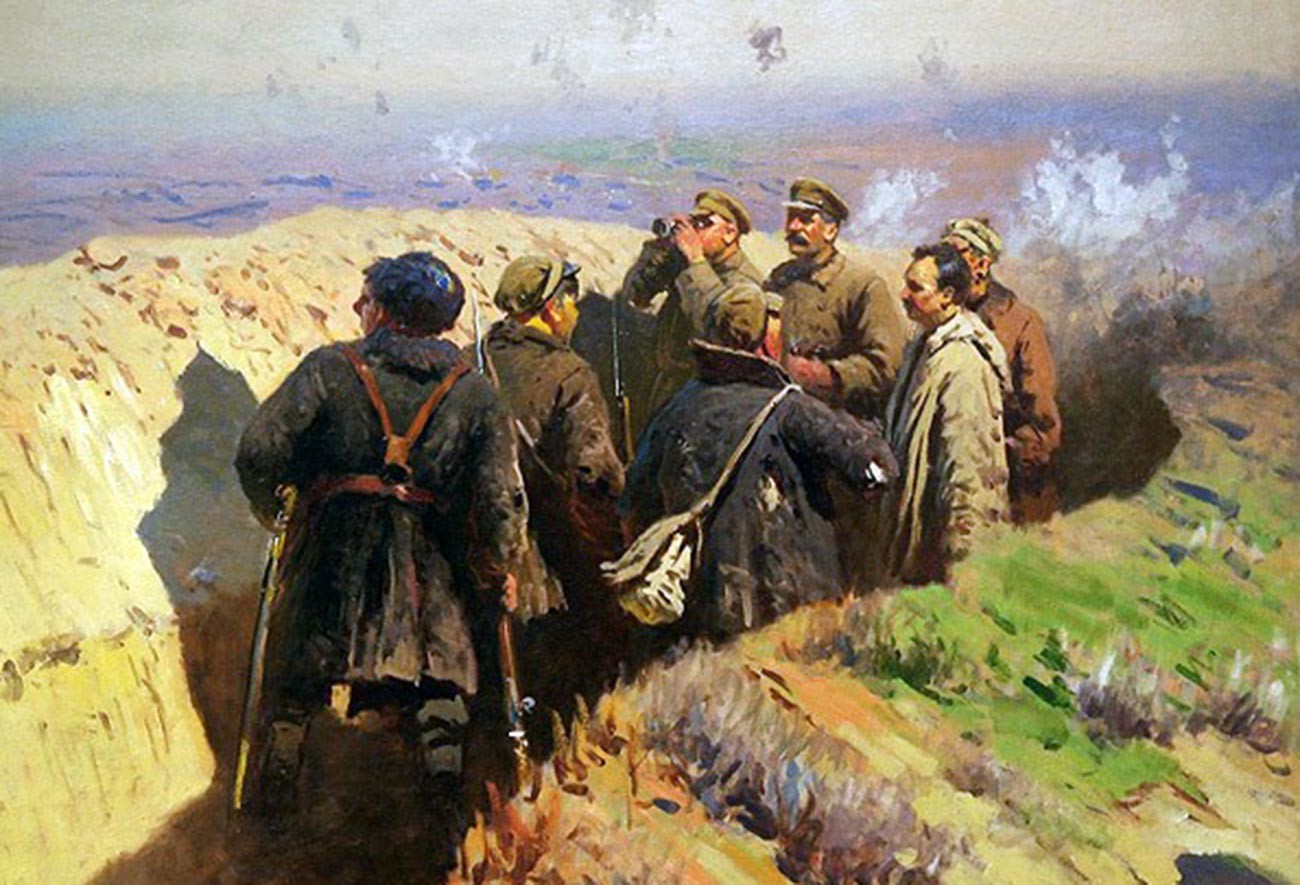 Оборона Царицына. Товарищи Сталин, Ворошилов и Щаденко в окопах под Царицыном
