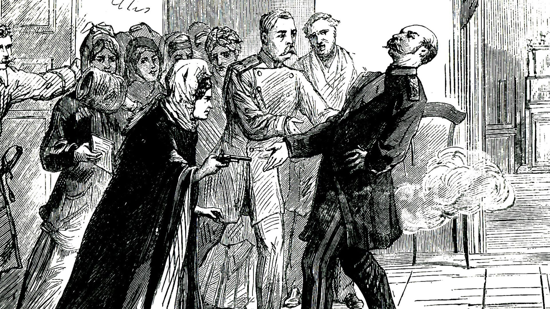 Poskus atentata ruske revolucionarke Vere Zasulič (1849-1919) na načelnika peterburške policije Fjodorja Trepova (1803-1889). Na sojenju jo je porota oprostila.