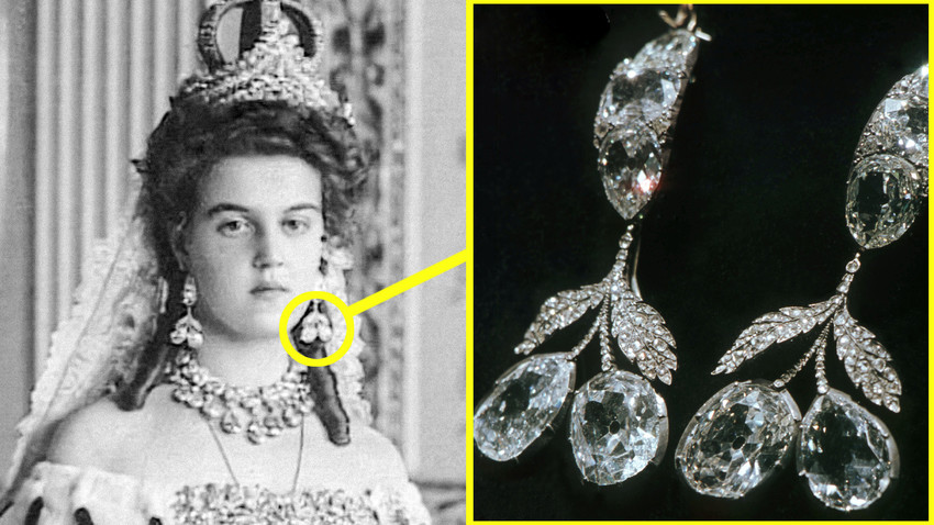 Maria Pavlovna con gli orecchini ciliegia e il diadema con diamante rosa. Ora entrambi questi oggetti sono conservati nel Fondo dei Diamanti di Mosca; la corona nuziale invece è stata venduta all'estero