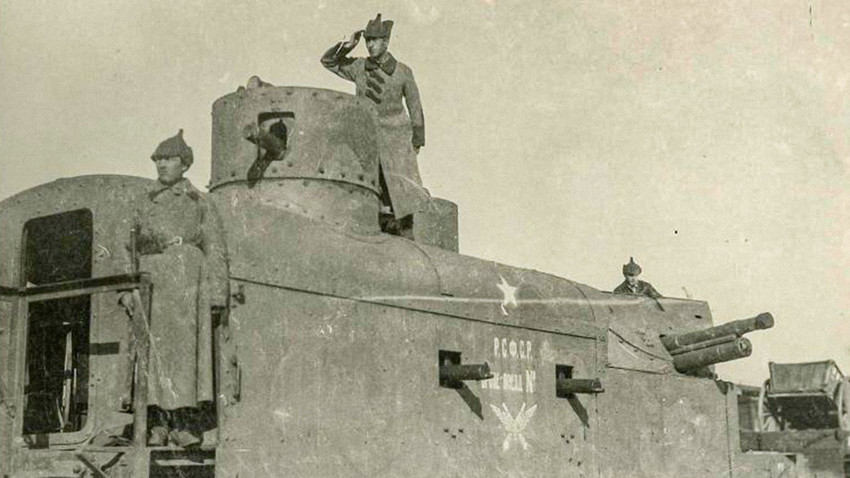 Armored train in the South front of the Red Army during the Civil War in Russia.