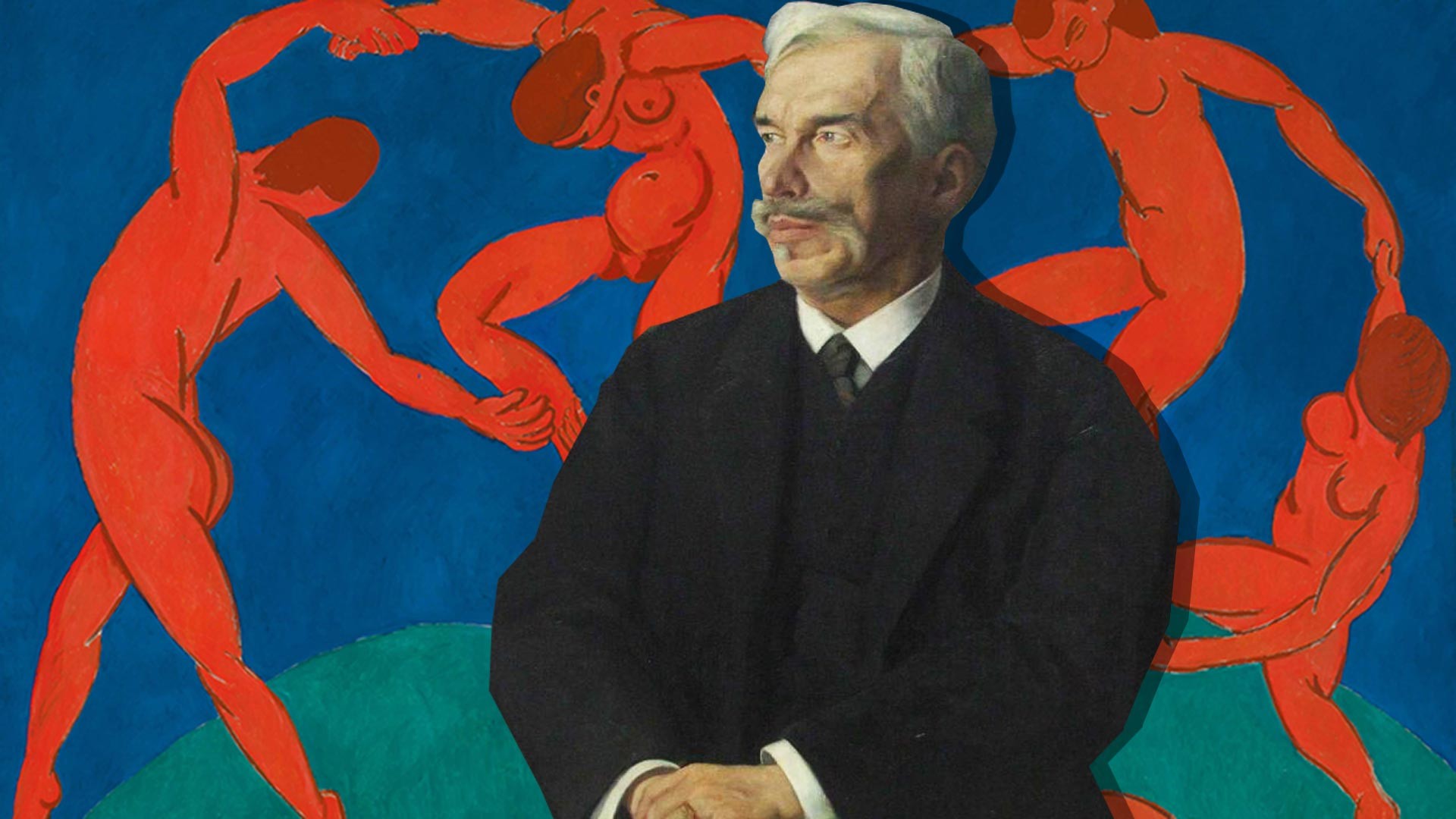 Portrait of Sergei Shchukin; 'Dance' by Henri Matisse from his collection on the background