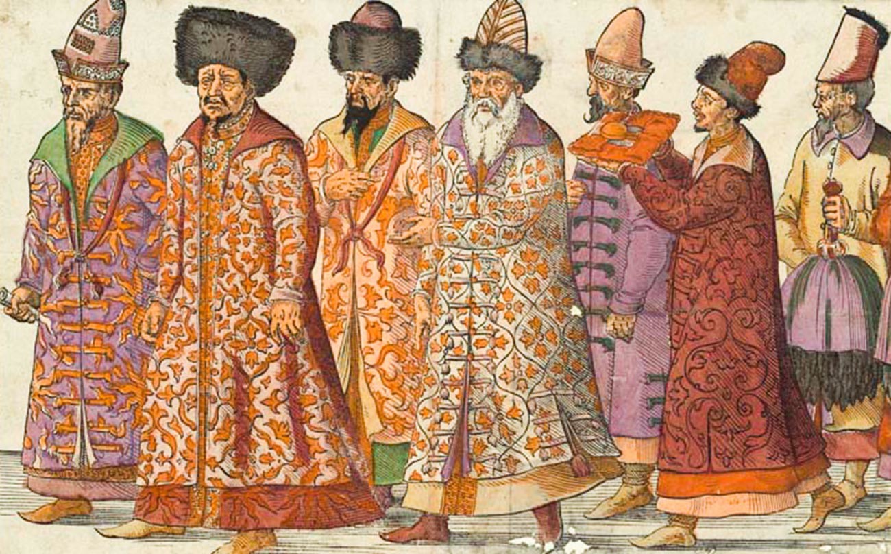 'Embassy of the Grand Duke of Moscow to the Holy Roman Emperor Maximilian II in Regensburg,' 1576 etching. All Russian envoys in the picture a seen wearing posh shubas