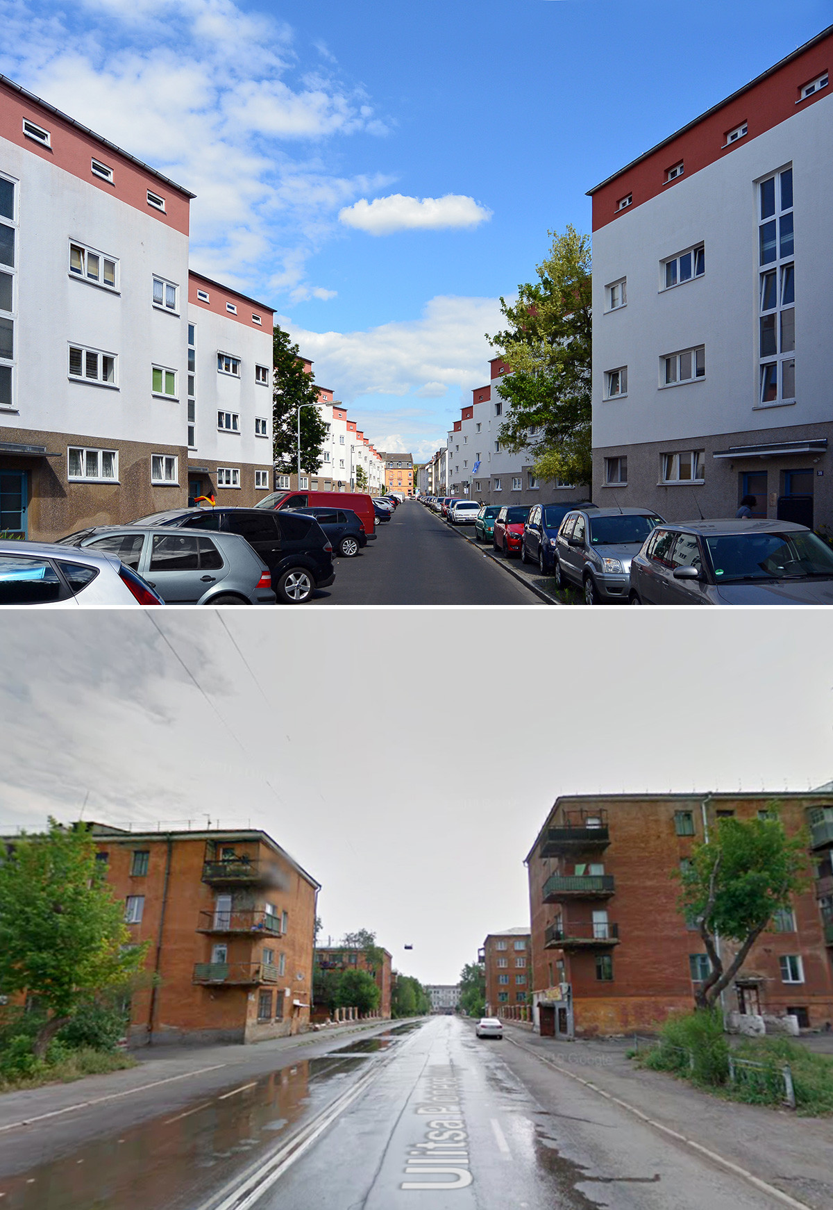 Цик-цак зграде у Франкфурту (горе) и на улици Пионирска у Магнитогорску (доле)