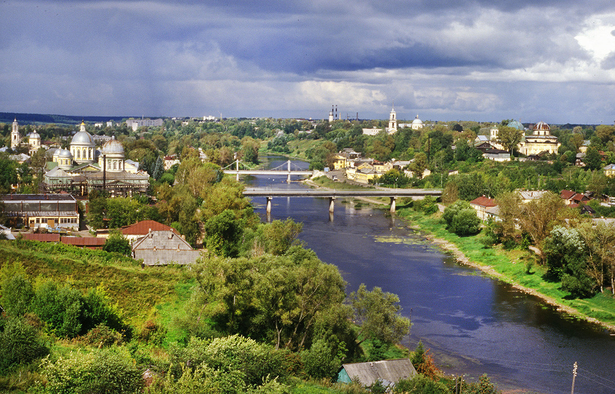 Torzhok panorama. View north from bell tower of Sts. Boris & Gleb Monastery. From left: Transfiguration Cathedral & Jerusalem Church, Tvertsa River, Elijah Church, Resurrection Convent. August 13, 1995