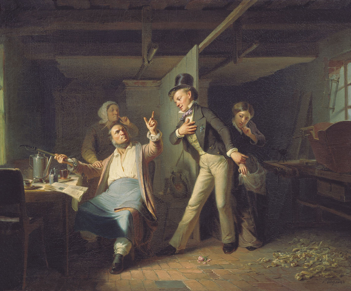 Un apprenti charpentier demande la main de la fille de son maître, 1856. Carl Schultz