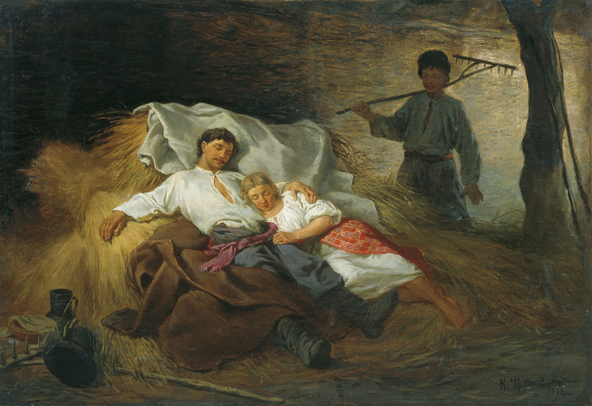 Dans un grenier à foin, 1872. Konstantin Trounovski