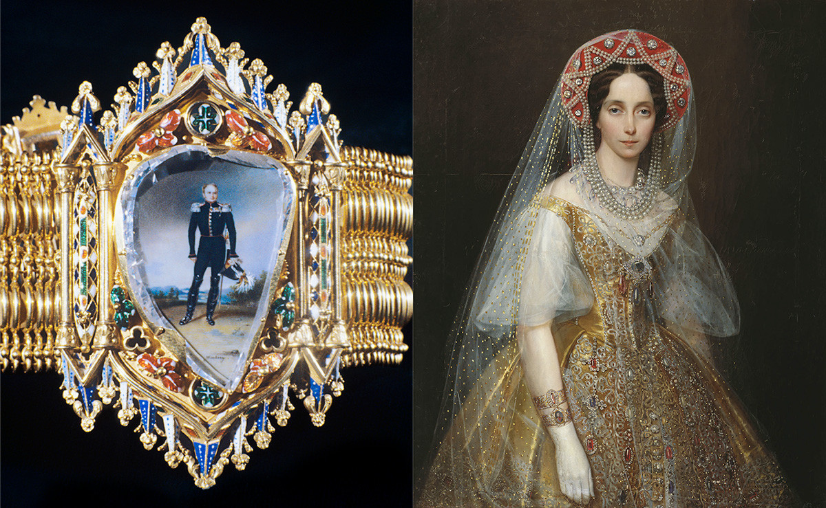 Золотой браслет с плоским алмазом. На этом портрете изображена Мария Александровна в русском платье и такими браслетами.