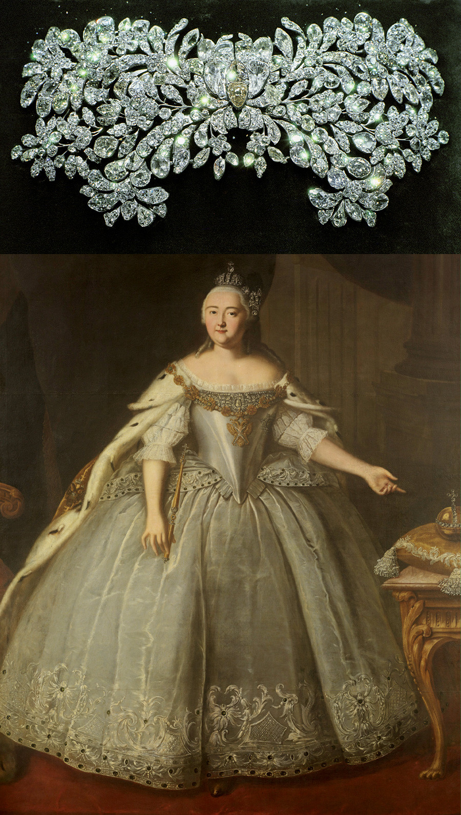 Пряжка-аграф принадлежала императрице Елизавете Петровне. Серебро, бриллианты. Около 1750 года. 