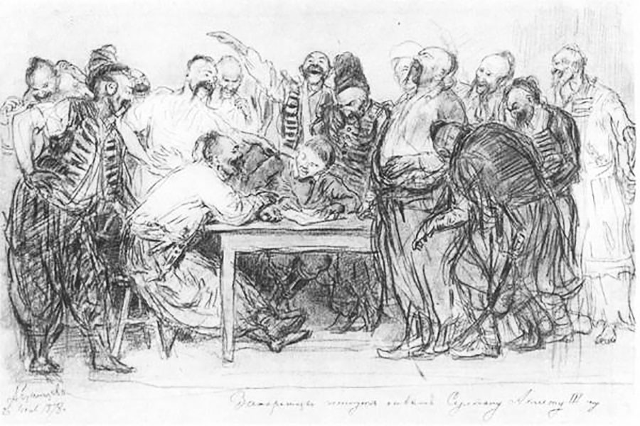 Иља Рјепин, „Запорошки козаци“, скица, дрвени угљен, 1878.