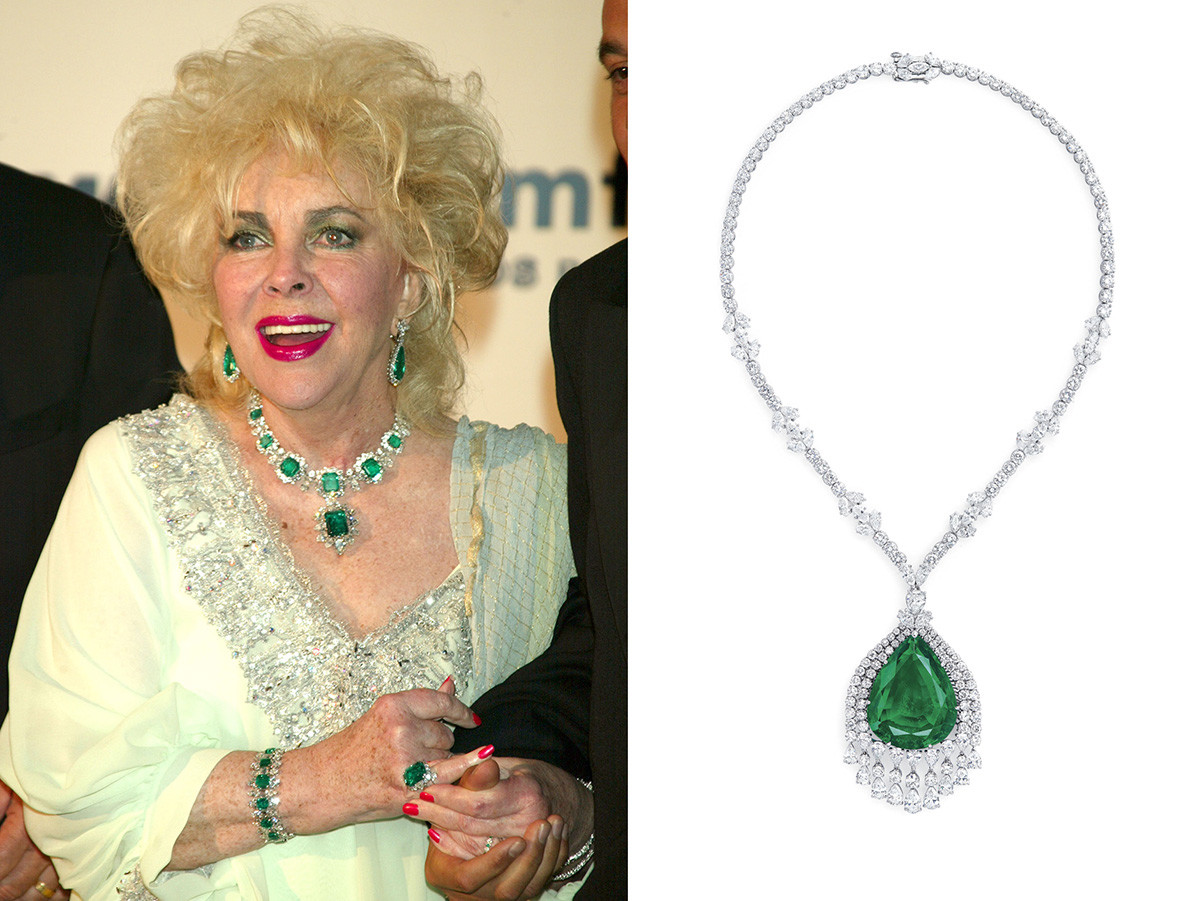 Left: Actress Liz Taylor in her emeralds, 2003. Some of those gems were from Maria Pavlovna's parure. Right: The imperial emerald from Maria Pavlovna's parure cut by Cartier in 1954 and turned into this necklace.