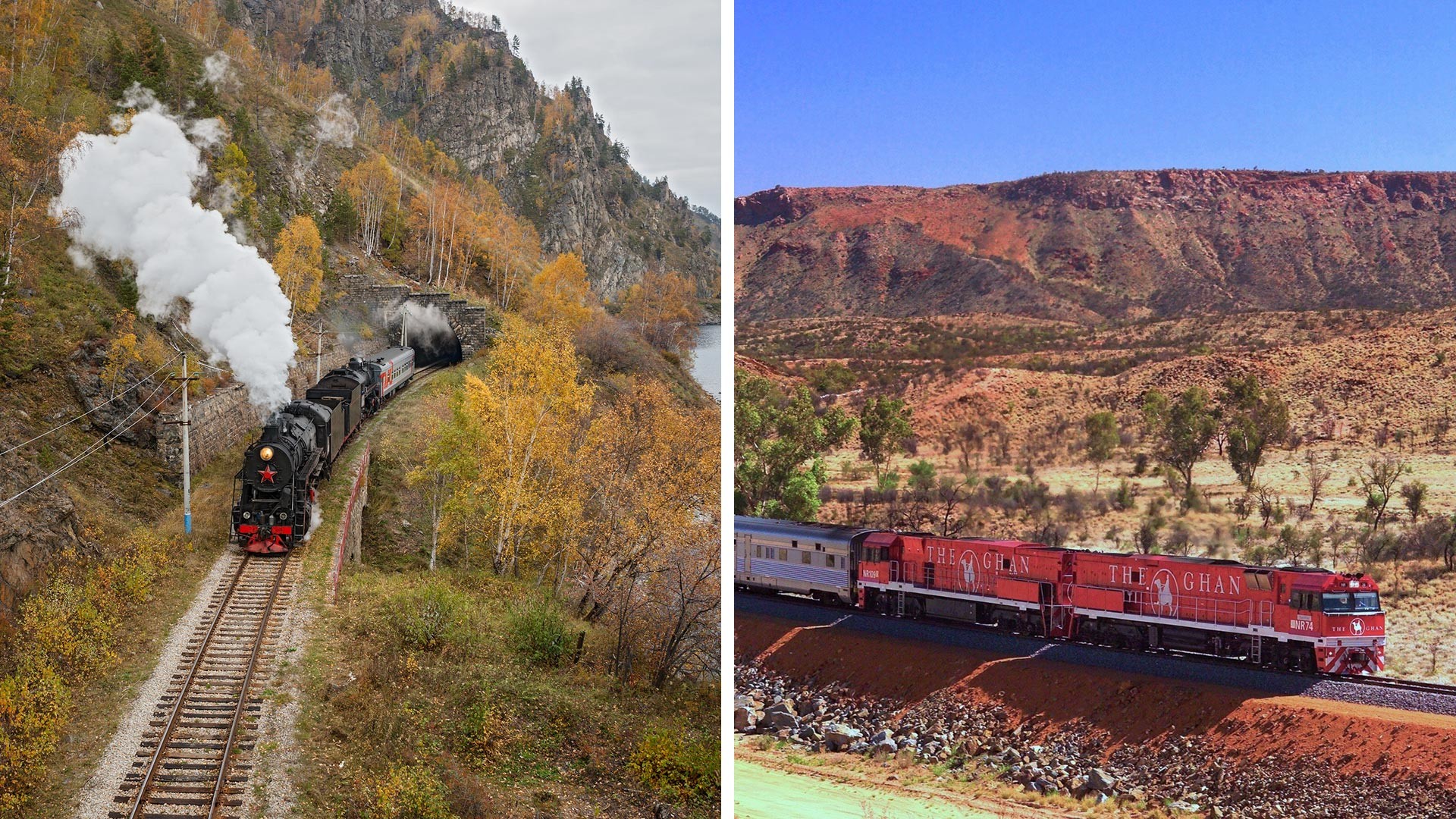 Kereta Api Circum-Baikal (kiri) dan kereta penumpang Ghan.