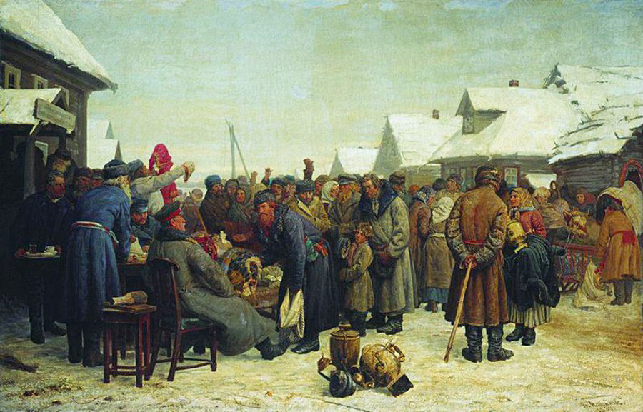 “Um leilão de dívidas”, pintura de Vassíli Maksimov, 1880-1881.

