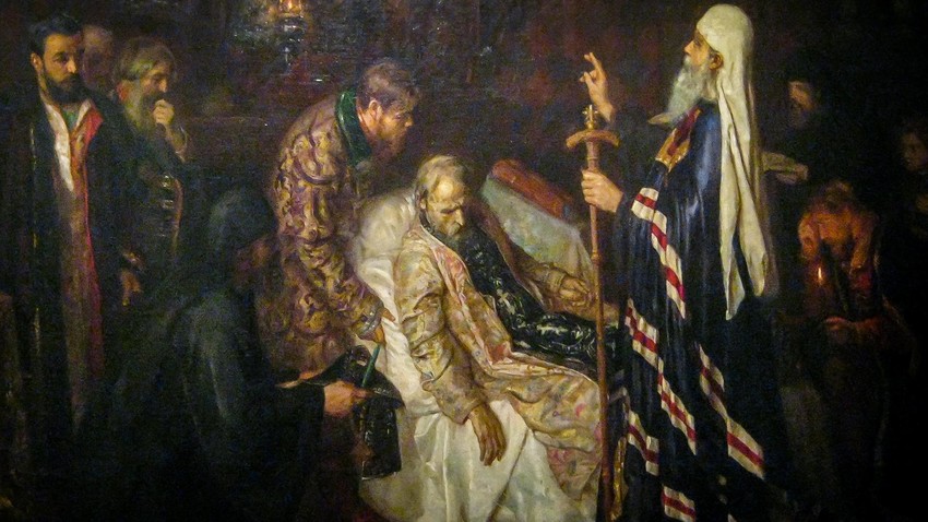 „Vor dem Tod von Iwan dem Schrecklichen ordiniert ihn der Metropolit zum Schema“ von Pjotr Geller