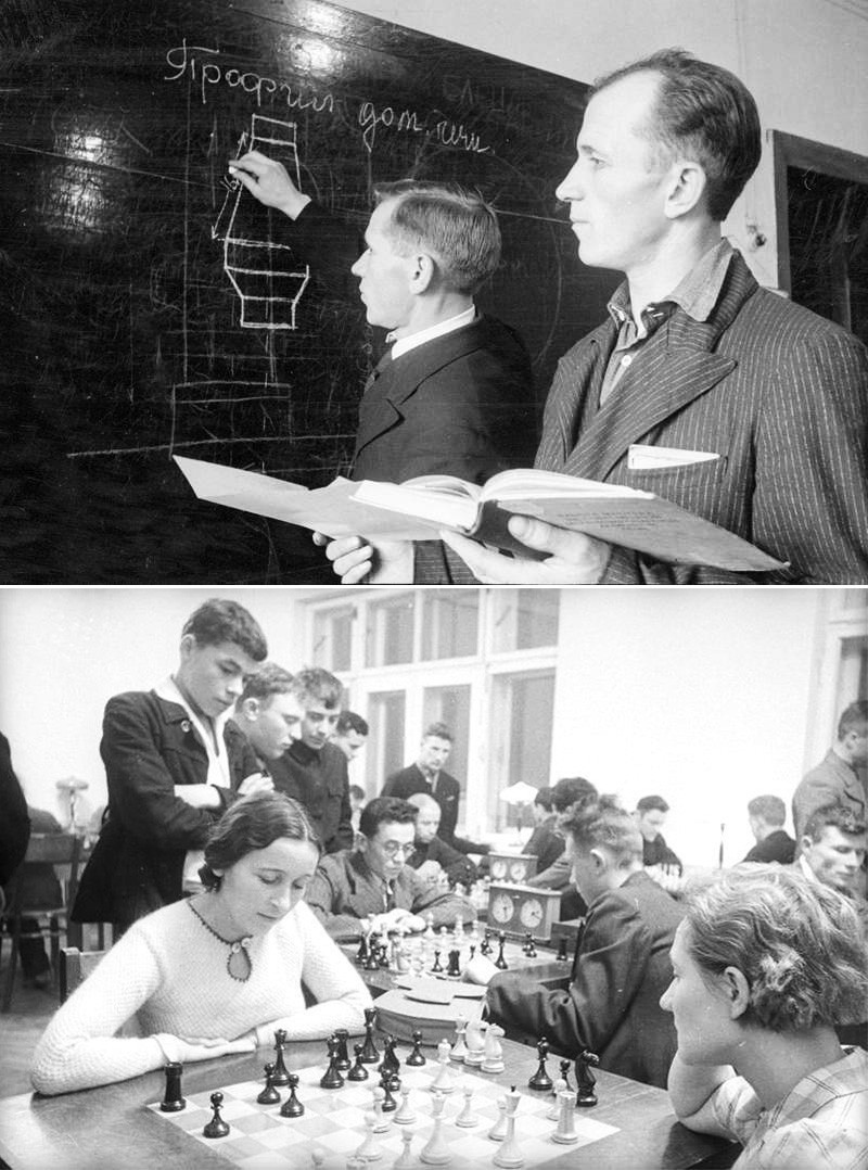 Em cima: Escola para os trabalhadores. Embaixo: Aula de xadrez no clube de trabalhadores local.