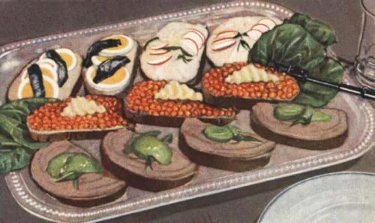 A version of serving feast table butterbrot from Soviet cooking bible ‘Book of Tasty and Healthy Food’