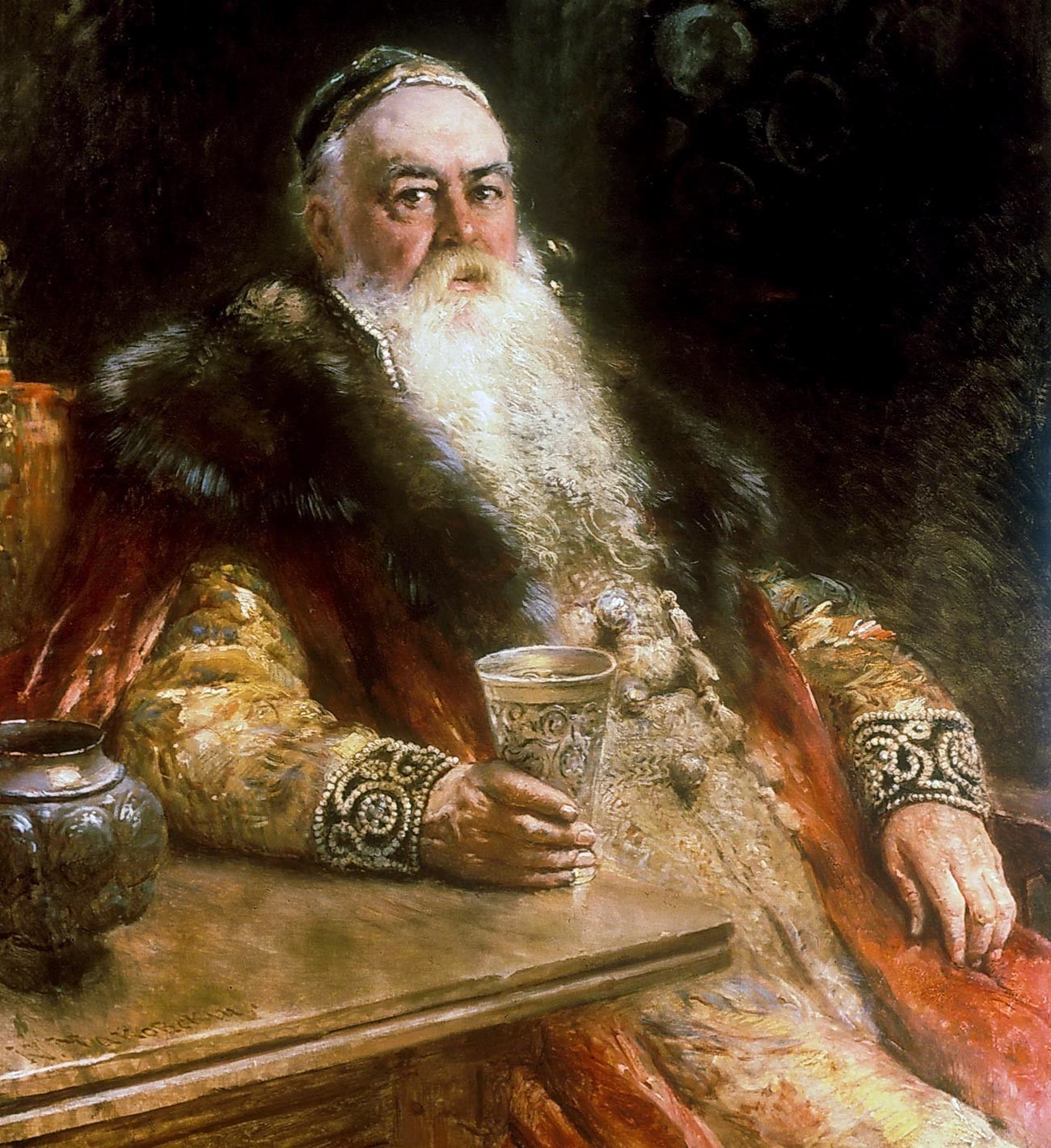Seorang boyar (bangsawan) Rusia mengenakan shuba berkerah bulu.