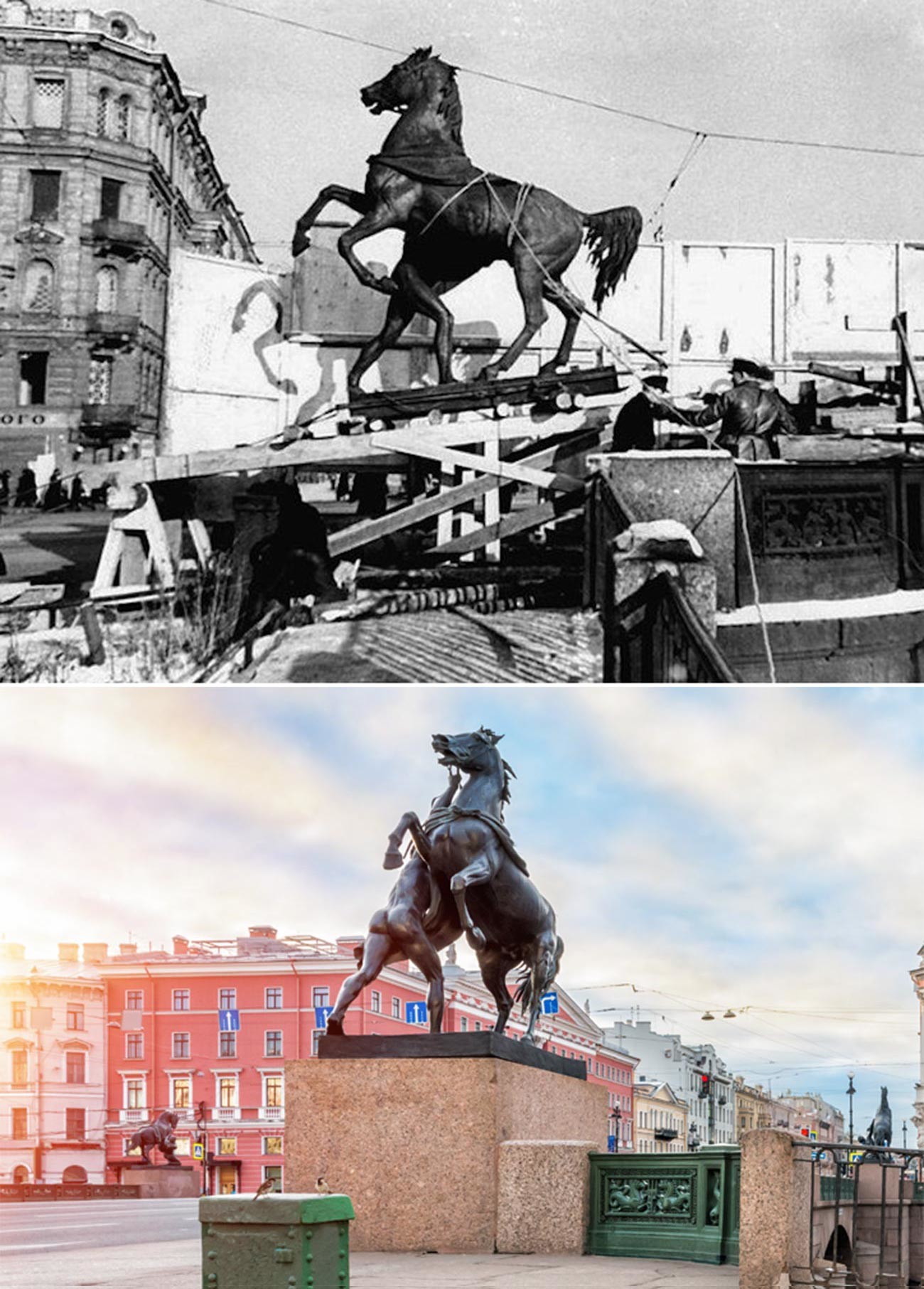 Rimozione di una statua equestre dal Ponte Anichkov
