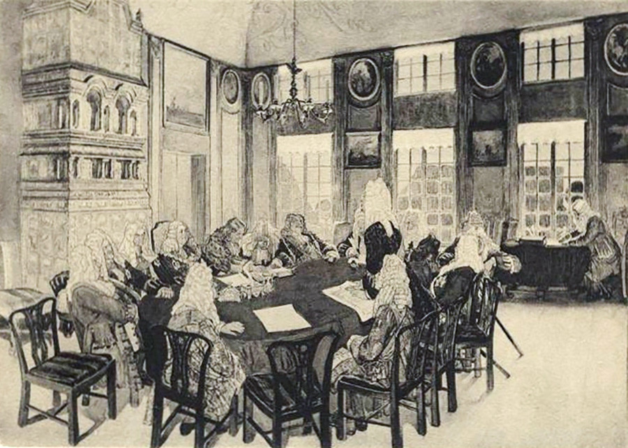 Заседање Сената у време Петра I у Јекатерингофском дворцу. 