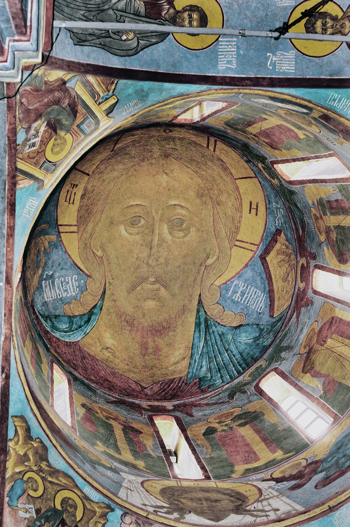 Dome. Fresco of Christ Pantocrator & Archangels. Left: Evangelists Luke (top) & John with Prokhor. August 21, 2013.