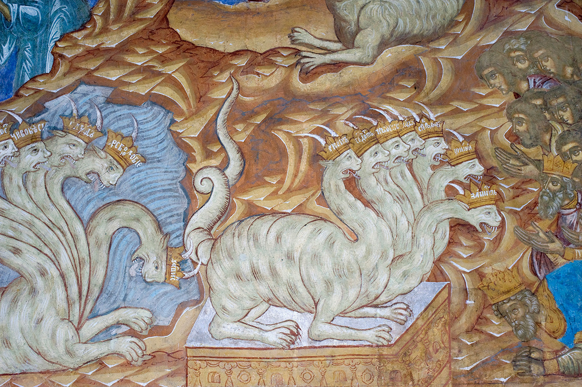 South wall, 1st row. Frescoes from Revelation, 13 (Appearance of the Antichrist). Worshipping the Beast with Seven Heads & Ten Horns. August 21, 2013.