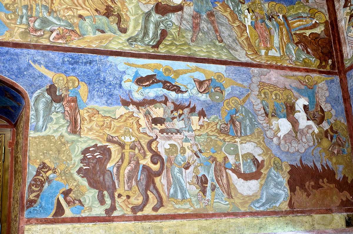 West wall. Frescoes from Revelation, 16-19. From left: the Angel shows St. John the overflowing of God's Cup of Wrath; Vision of Babylon & the Beast; God's People leave the destruction of Babylon; the Righteous Judge on a White Horse slays with a sword the Unclean Peoples. August 14, 2019