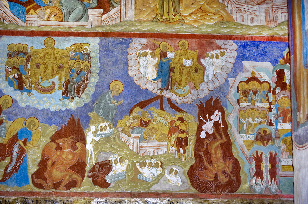 North wall, west bay, 1st row. Frescoes from Book of Revelation 20. From left: Angel with the Key Locks Satan for a 1000 years; the Peoples of Gog & Magog encompass the Camp of the Saints; Death & Hell cast into the Lake of Fire and Brimstone; the Resurrection of the Dead; Heavenly Jerusalem. 