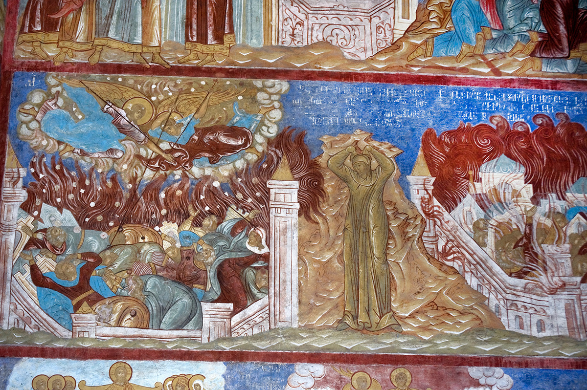 North wall, west bay, 2nd row. Frescoes from Genesis 19. From left: Fire & brimstone rain down on Sodom; Lot's wife turned into pillar of salt; Burning Sodom. August 14, 2019.