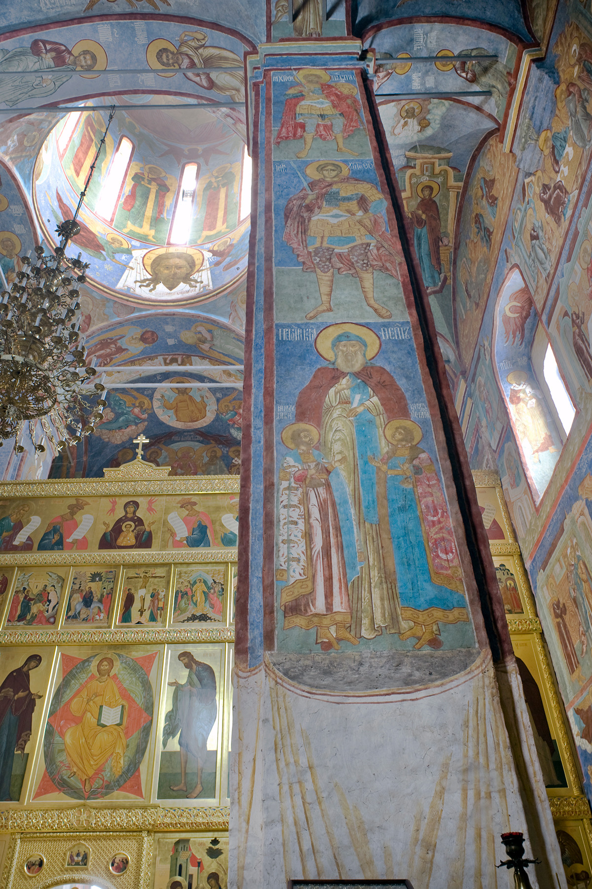 Trinity Cathedral interior. View east toward icon screen. Right: southwest pier with fresco of Prince Fyodor Chorny of Yaroslavl & his sons David & Konstantin. August 21, 2013.