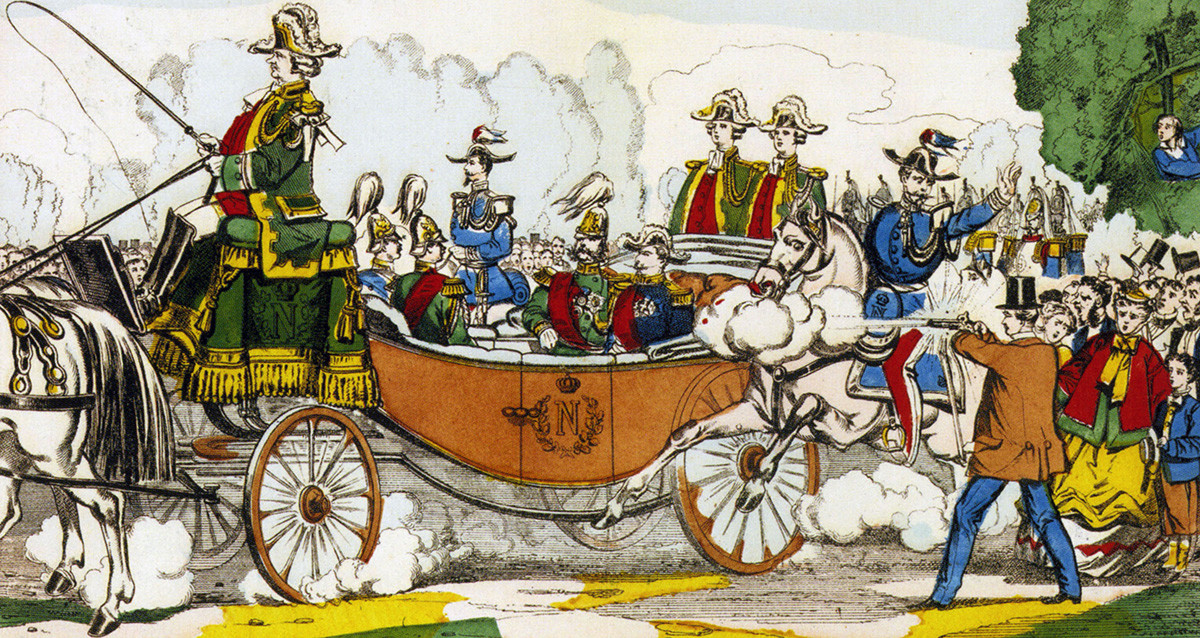Lo zar Alessandro II sopravvive a un attentato mentre è seduto in carrozza accanto all'imperatore francese Napoleone III a Parigi, 1867