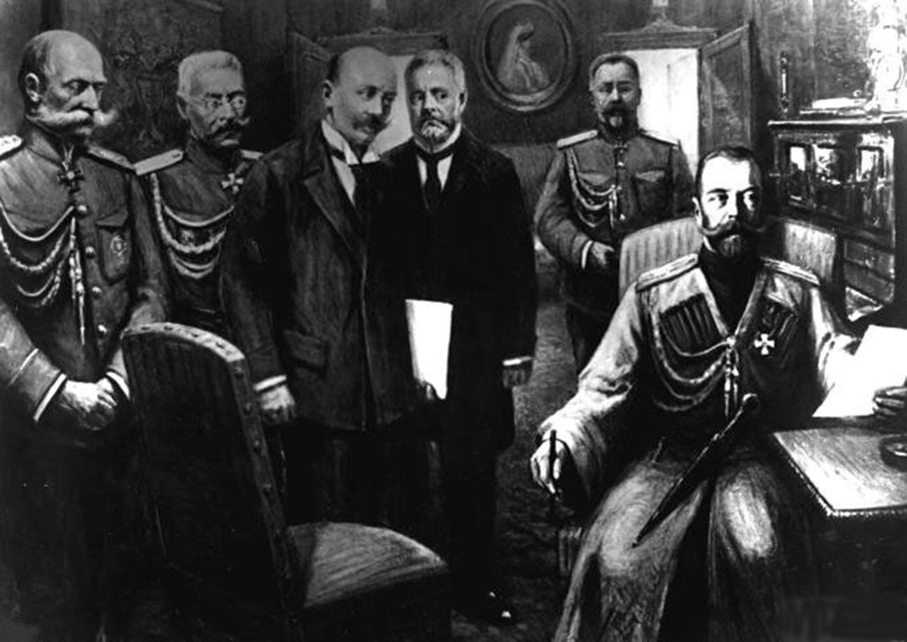 (Dari kiri) Pangeran Woldemar Freedericksz, Menteri Rumah Tangga Kekaisaran, Jenderal Nikolai Ruzskiy; Vasily Shulgin, Aleksandr Guchkov, saat pengunduran diri  Nikolai II (kanan).